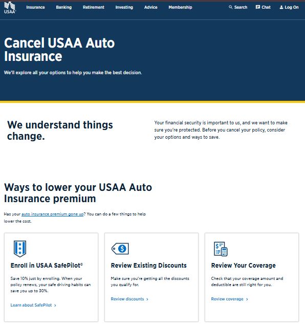 USAA Site Screenshot: How to Cancel USAA Car Insurance