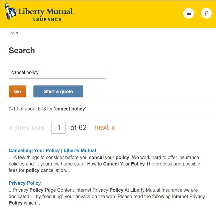 Liberty Mutual search function example
