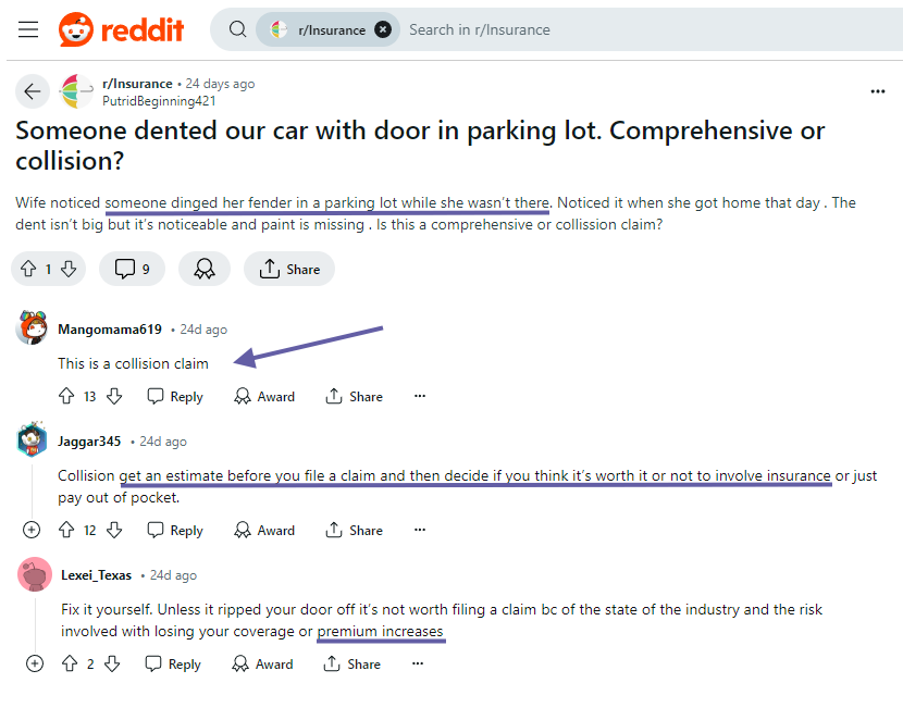 Does car insurance cover car doors dinging another car?: Reddit Screenshot