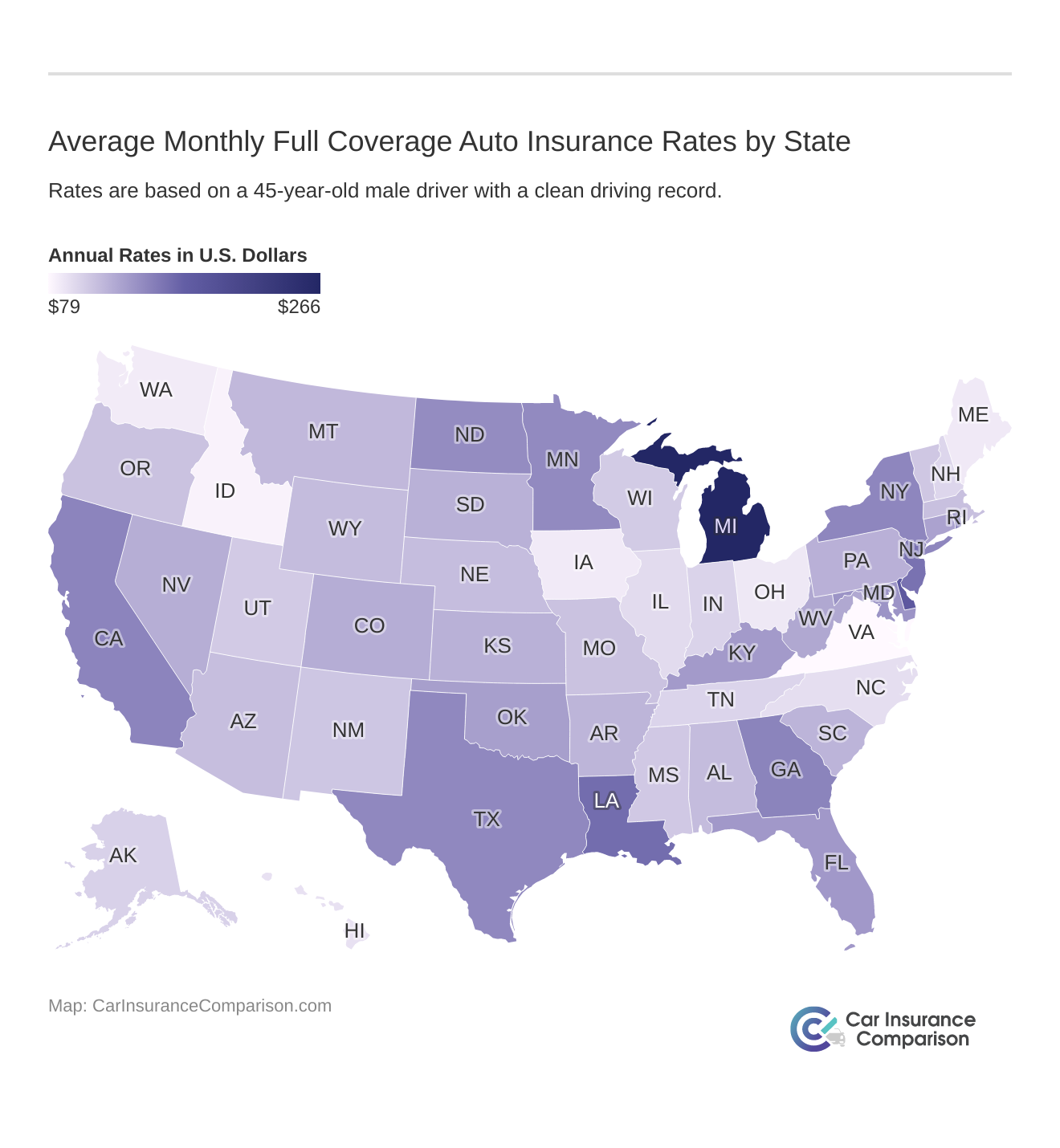<h3>Average Monthly Full Coverage Auto Insurance Rates by State</h3>