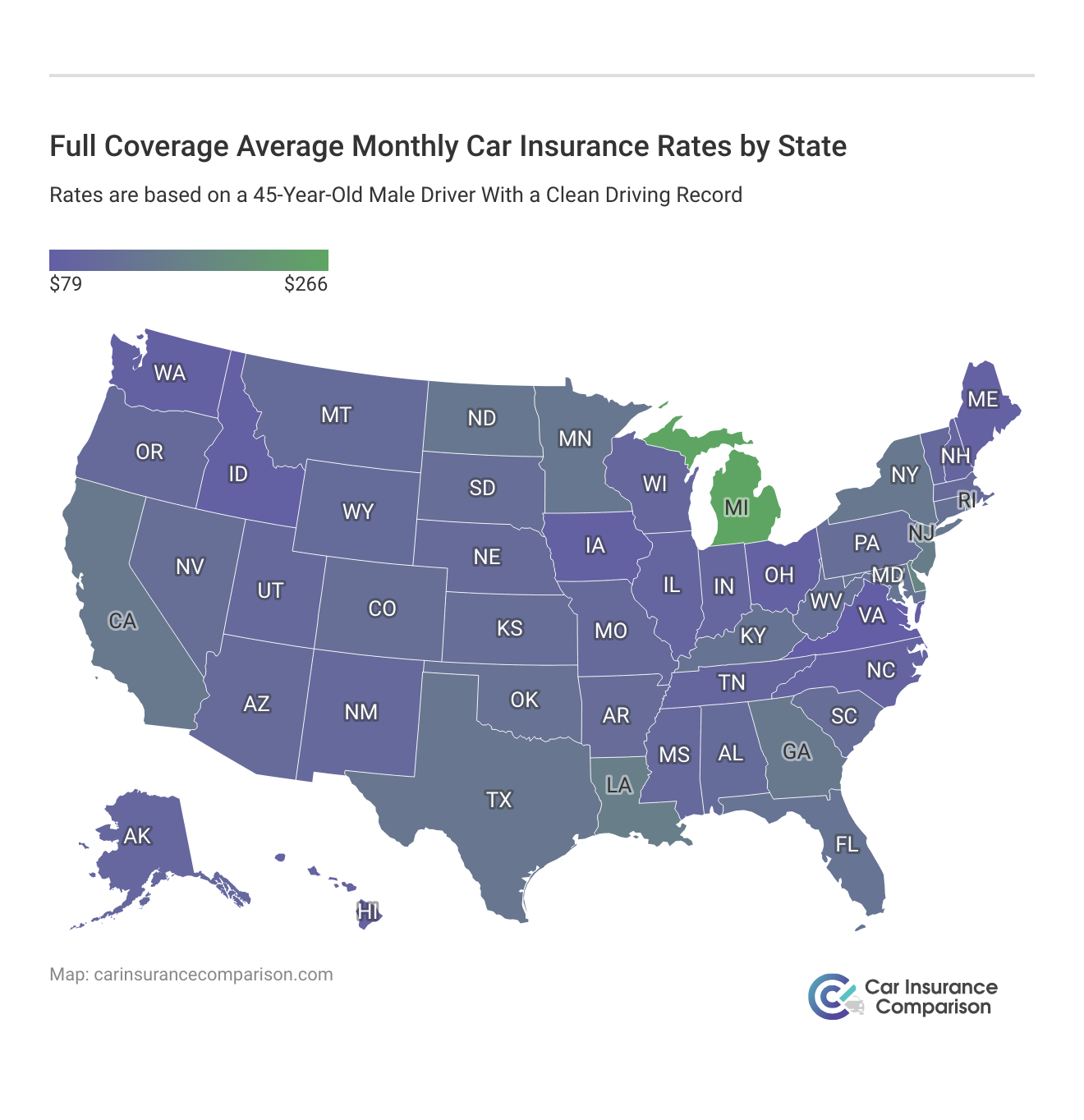 <h3>Full Coverage Average Monthly Car Insurance Rates by State</h3>