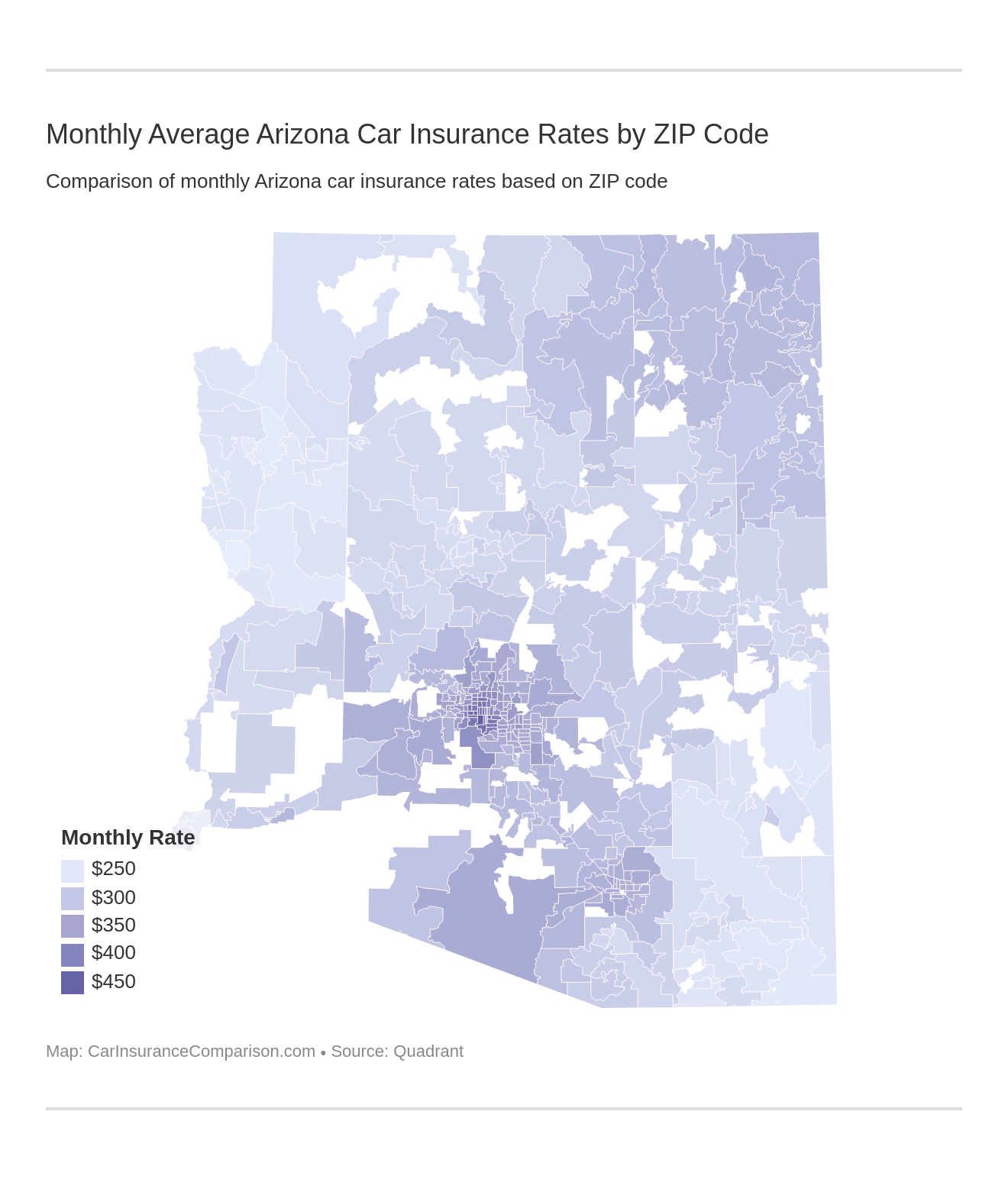 Monthly Average Arizona Car Insurance Rates by ZIP Code